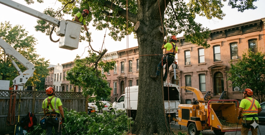 Certified arborist inspecting a tree before removal